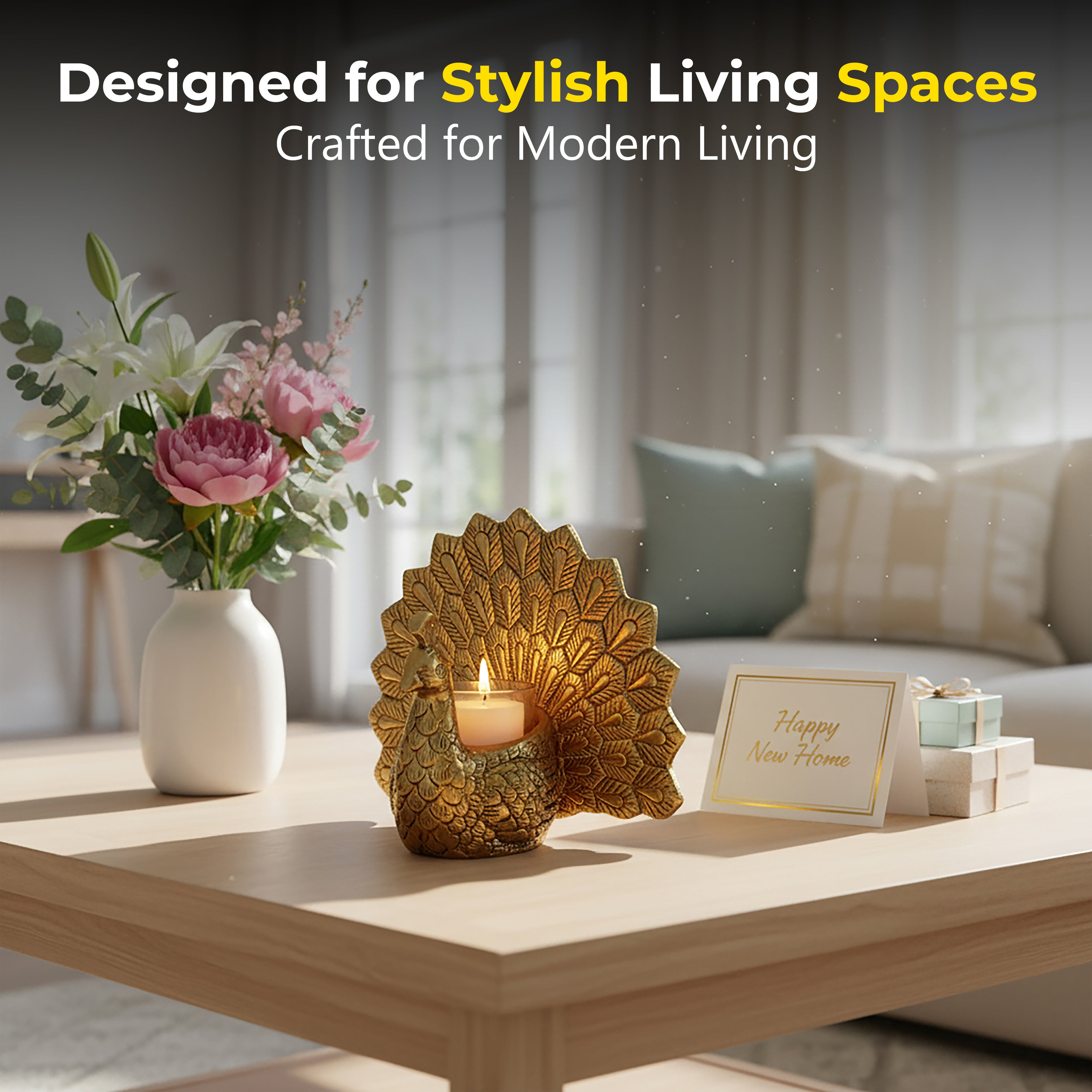 HindCraft Golden Peacock Tealight Candle Holder for Home & Festive Décor