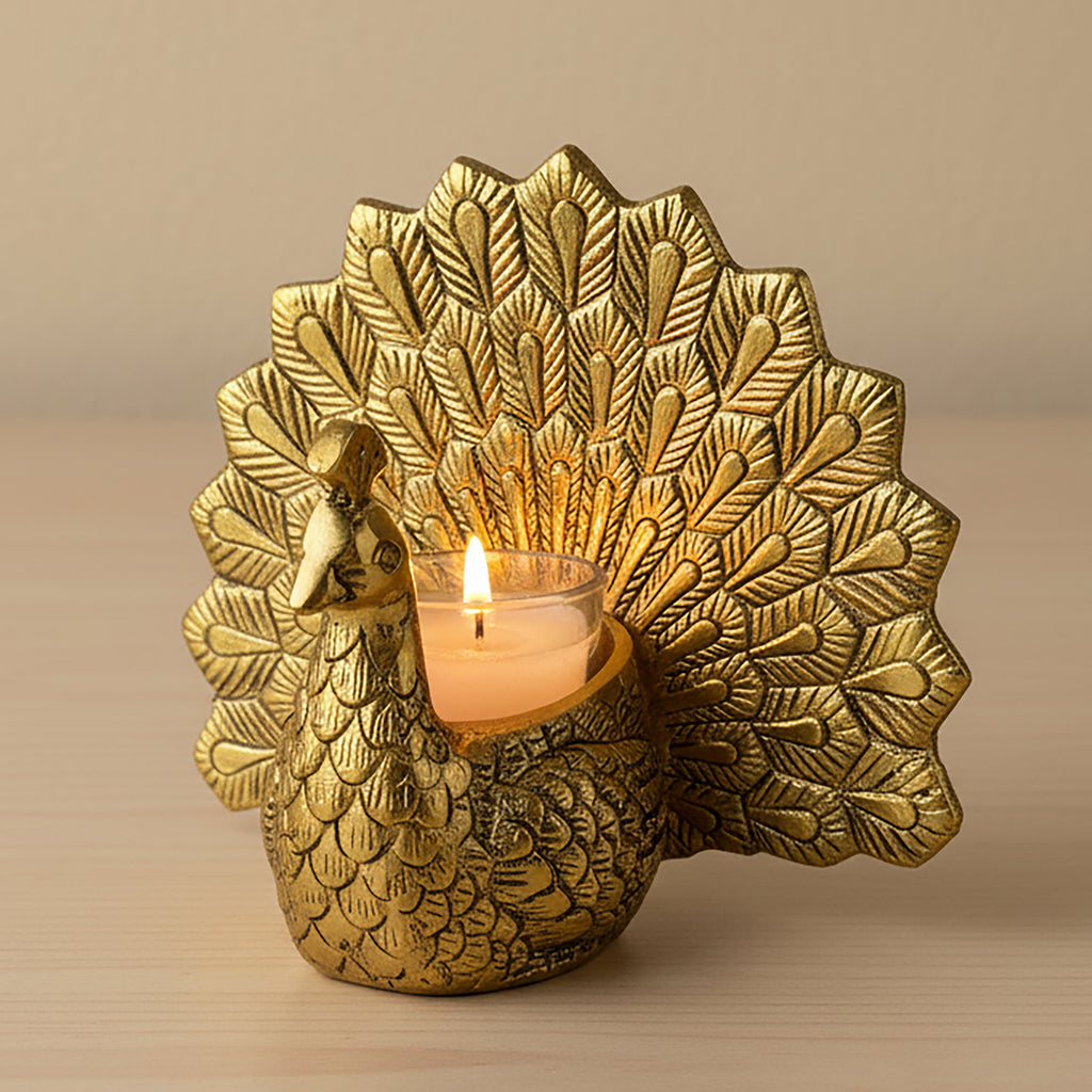 HindCraft Golden Peacock Tealight Candle Holder for Home & Festive Décor