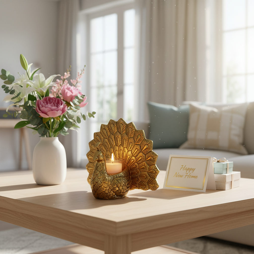 HindCraft Golden Peacock Tealight Candle Holder for Home & Festive Décor
