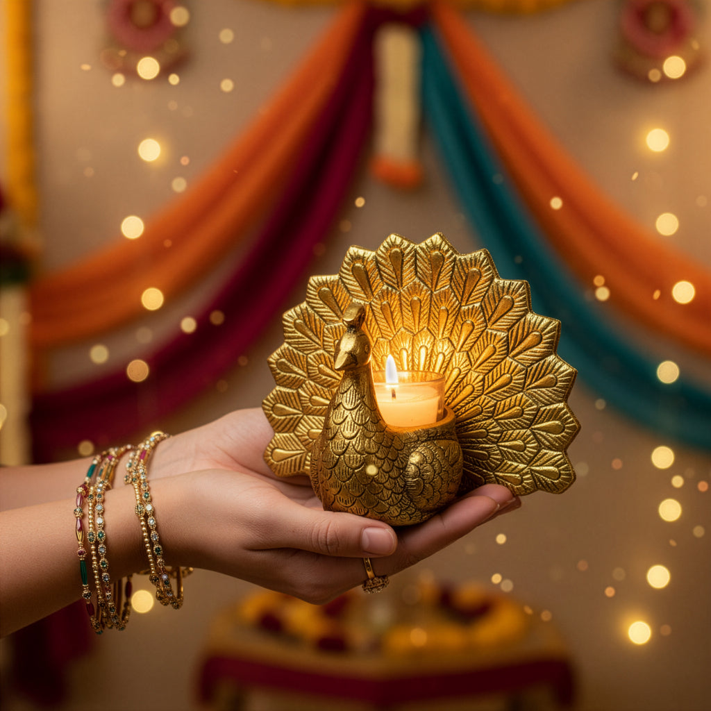 HindCraft Golden Peacock Tealight Candle Holder for Home & Festive Décor