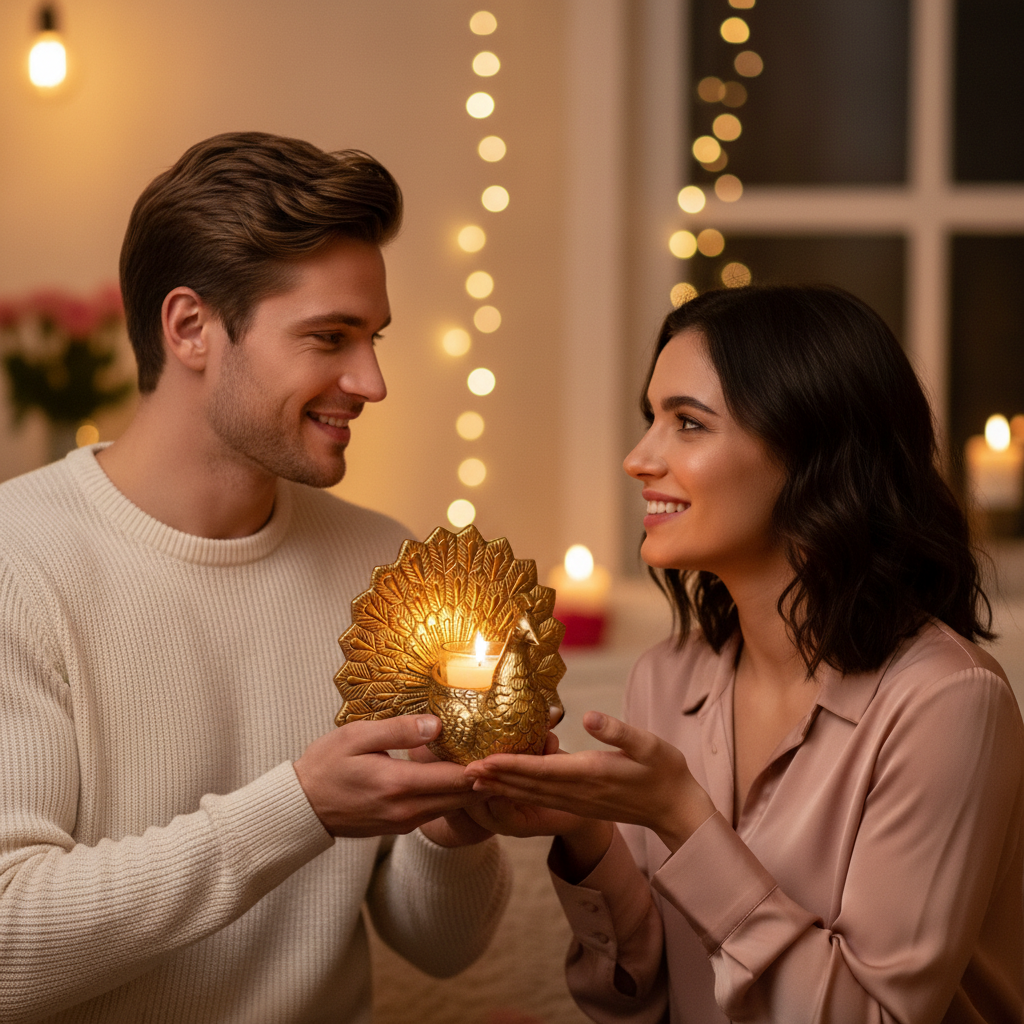 HindCraft Golden Peacock Tealight Candle Holder for Home & Festive Décor