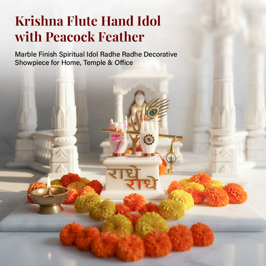 HindCraft Krishna Hand Idol with Flute & Mor Pankh Marble Finish Showpiece