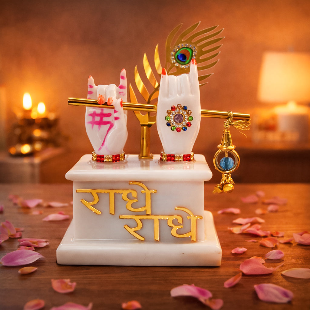 HindCraft Krishna Hand Idol with Flute & Mor Pankh Marble Finish Showpiece