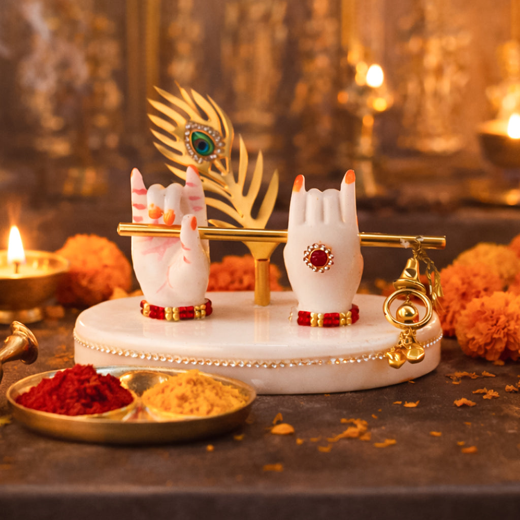 HindCraft Krishna Hand Idol with Flute & Peacock Feather Marble Finish Showpiece