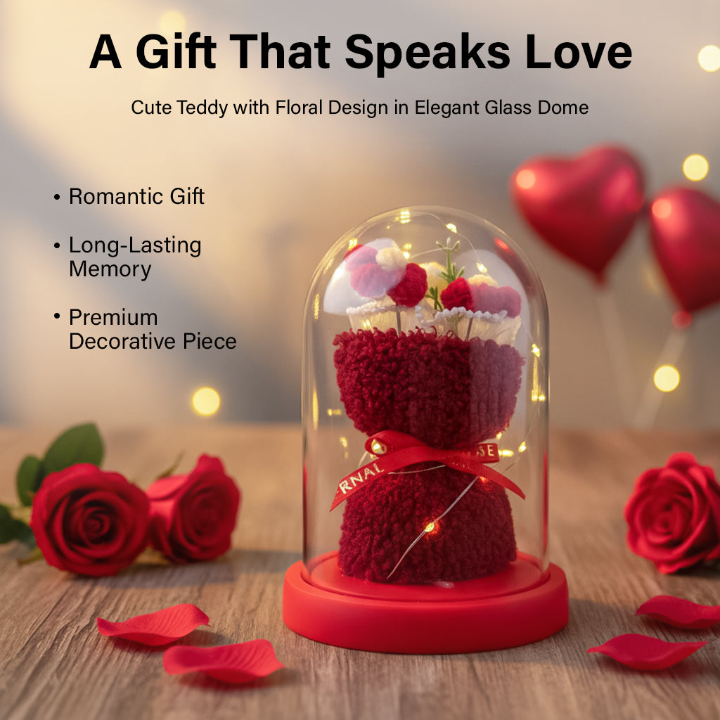 HindCraft Artificial Red Rose Teddy Glass Dome with LED Light for Romantic Gifting
