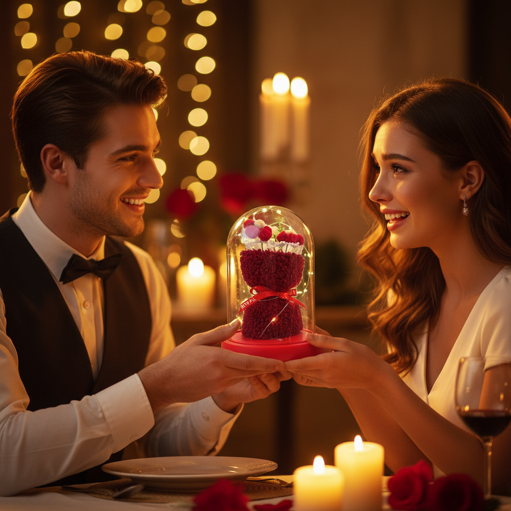 HindCraft Artificial Red Rose Teddy Glass Dome with LED Light for Romantic Gifting