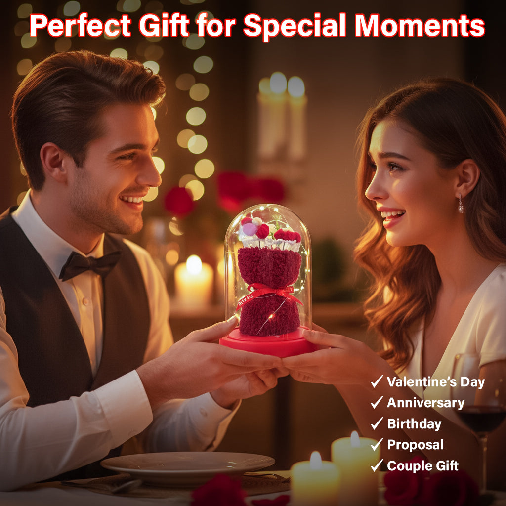 HindCraft Artificial Red Rose Teddy Glass Dome with LED Light for Romantic Gifting