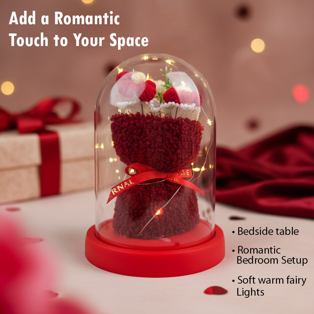 HindCraft Artificial Red Rose Teddy Glass Dome with LED Light for Romantic Gifting