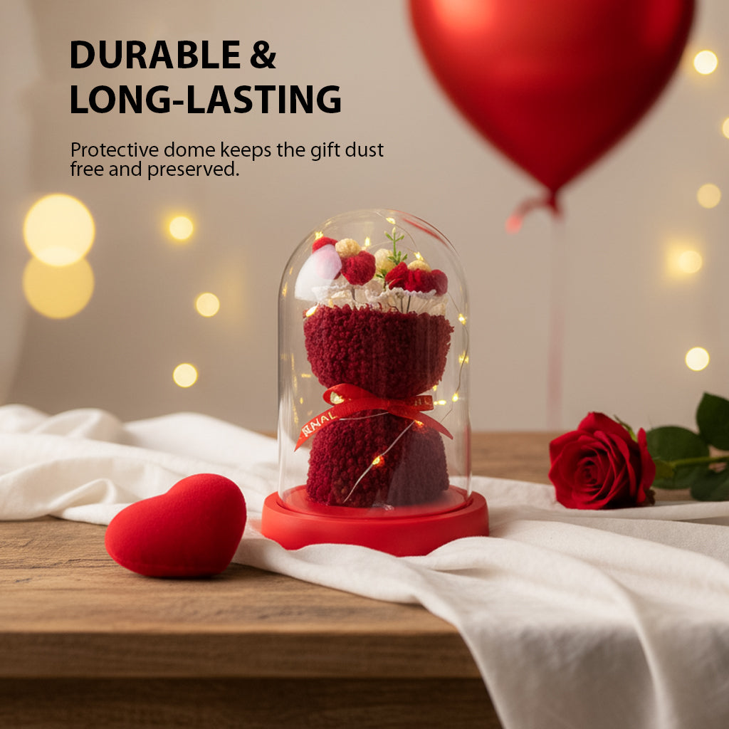 HindCraft Artificial Red Rose Teddy Glass Dome with LED Light for Romantic Gifting