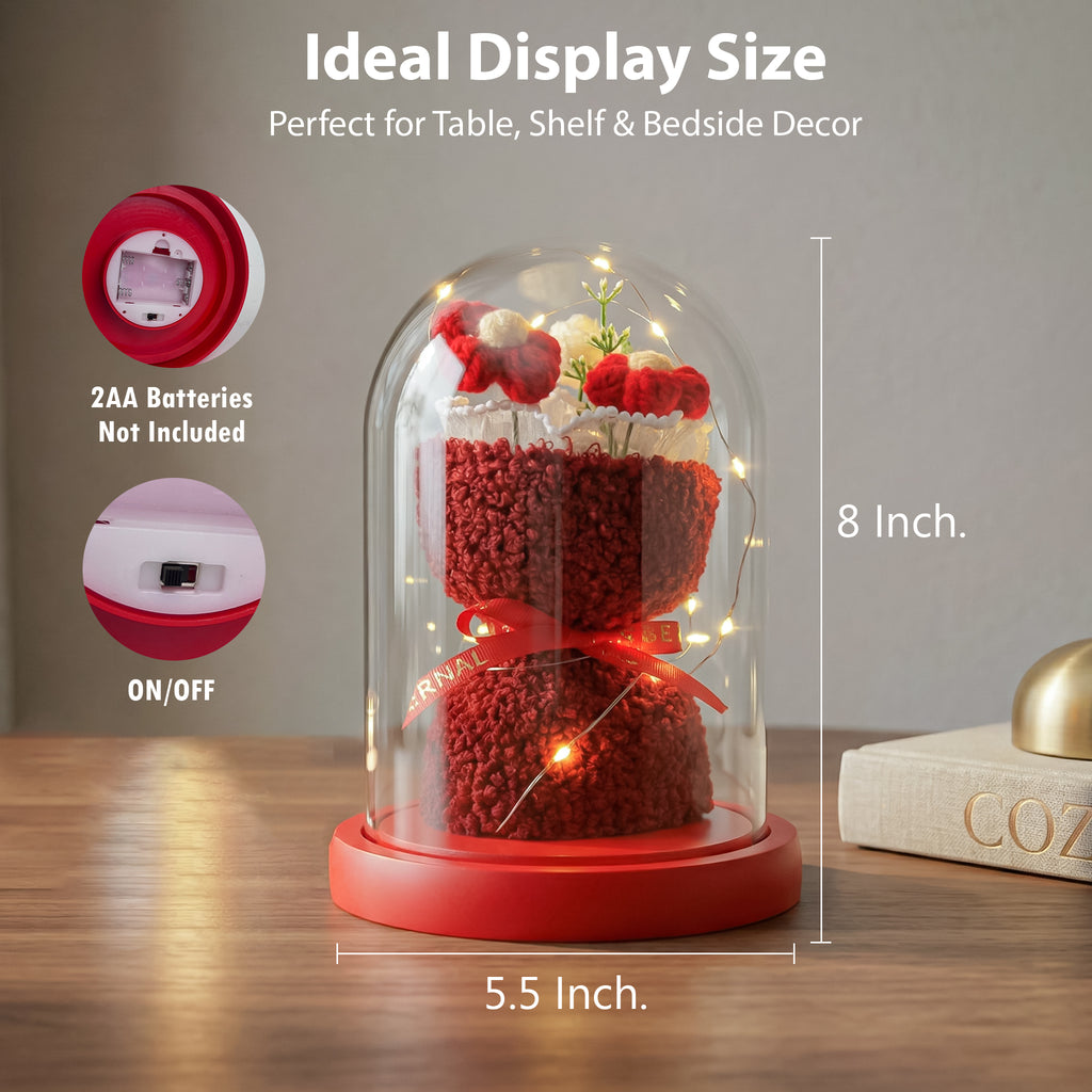 HindCraft Artificial Red Rose Teddy Glass Dome with LED Light for Romantic Gifting
