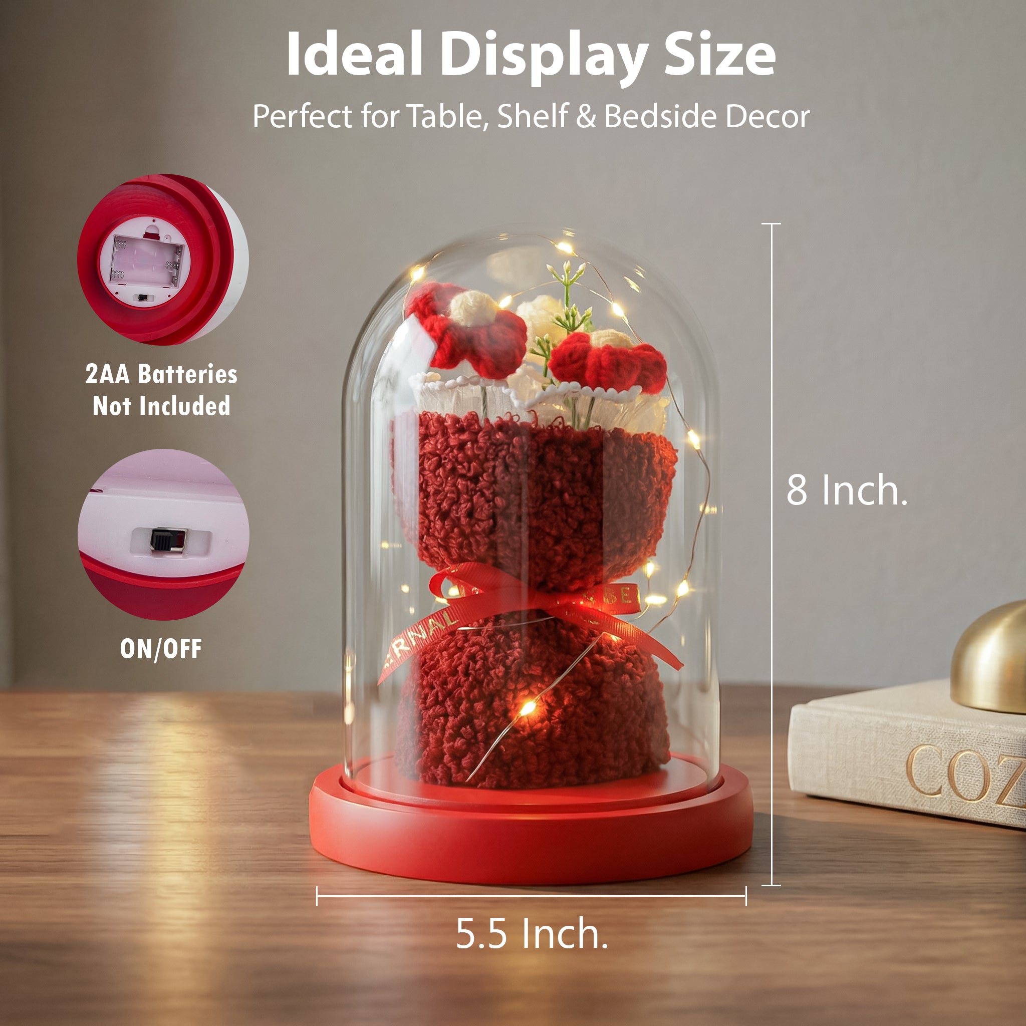 HindCraft Artificial Red Rose Teddy Glass Dome with LED Light for Romantic Gifting