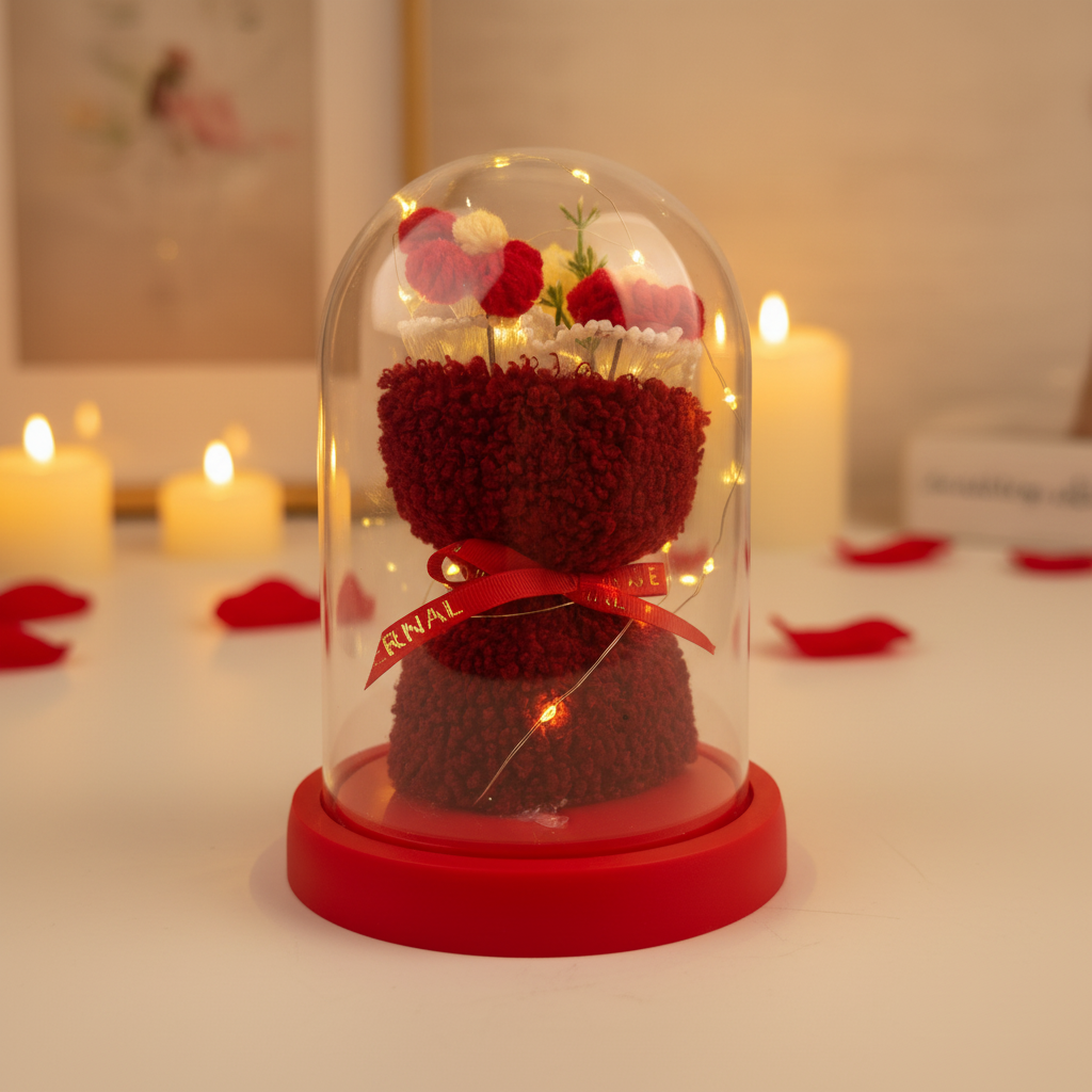 HindCraft Artificial Red Rose Teddy Glass Dome with LED Light for Romantic Gifting