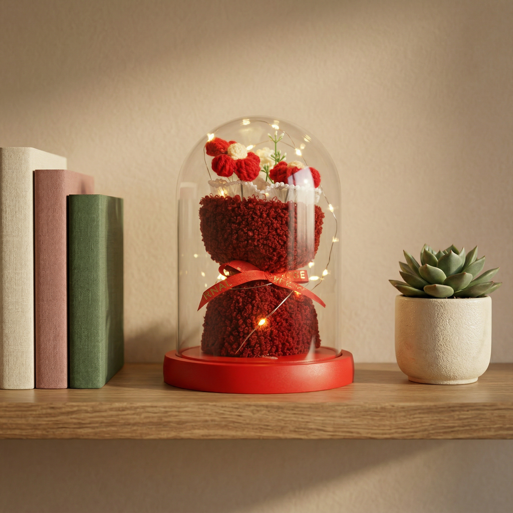 HindCraft Artificial Red Rose Teddy Glass Dome with LED Light for Romantic Gifting