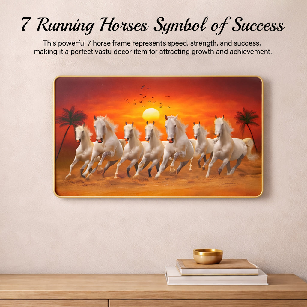 HindCraft 7 Running Horses Wall Frame | Vastu Lucky Seven White Horses Decorative Wall Art for Home, Office & Living Room