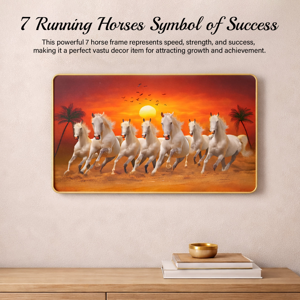 HindCraft 7 Running Horses Wall Frame | Vastu Lucky Seven White Horses Decorative Wall Art for Home, Office & Living Room