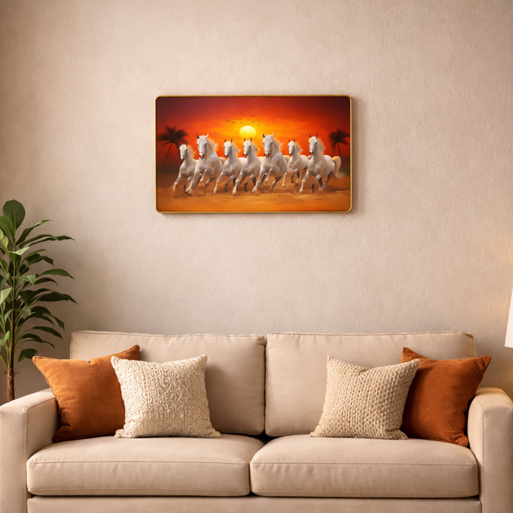 HindCraft 7 Running Horses Wall Frame | Vastu Lucky Seven White Horses Decorative Wall Art for Home, Office & Living Room