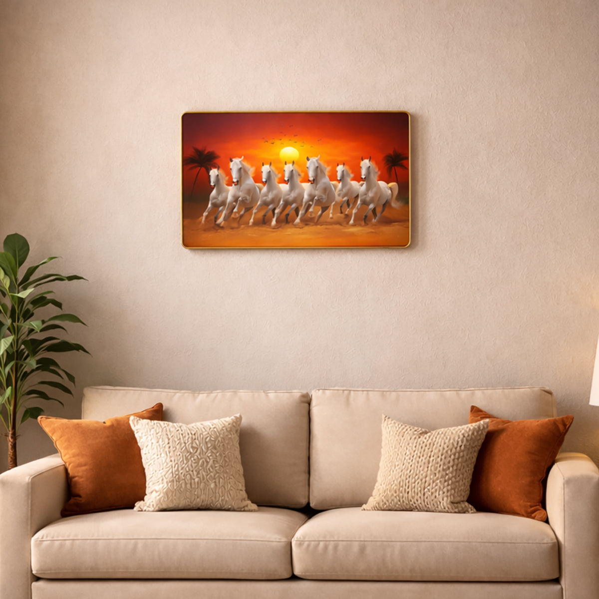 HindCraft 7 Running Horses Wall Frame | Vastu Lucky Seven White Horses Decorative Wall Art for Home, Office & Living Room