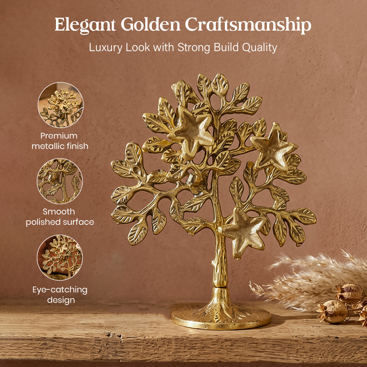 HindCraft Golden Kalpavriksha Tree Showpiece for Home & Table Decoration
