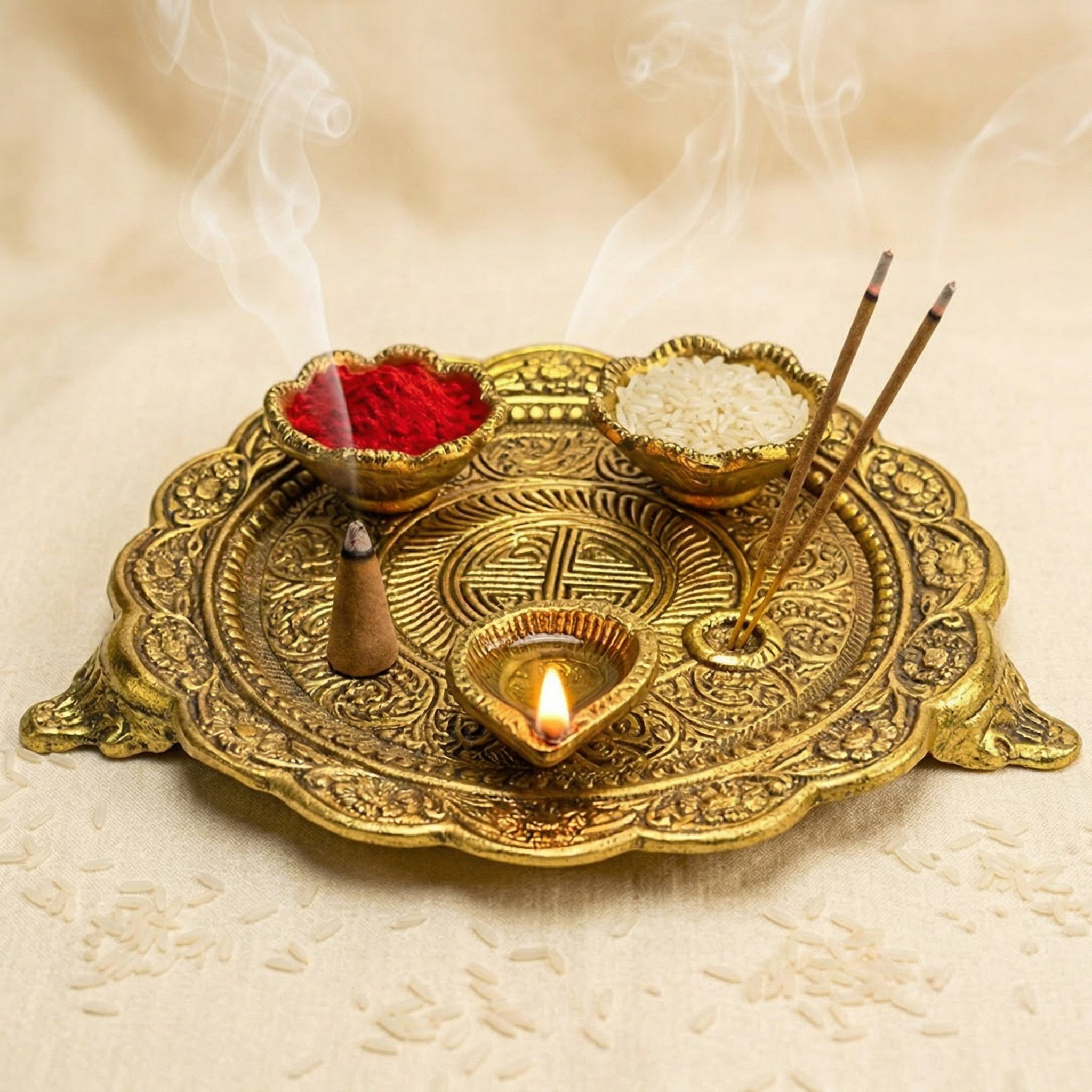 HindCraft Brass Pooja Thali Set for Home Temple Mandir Decor