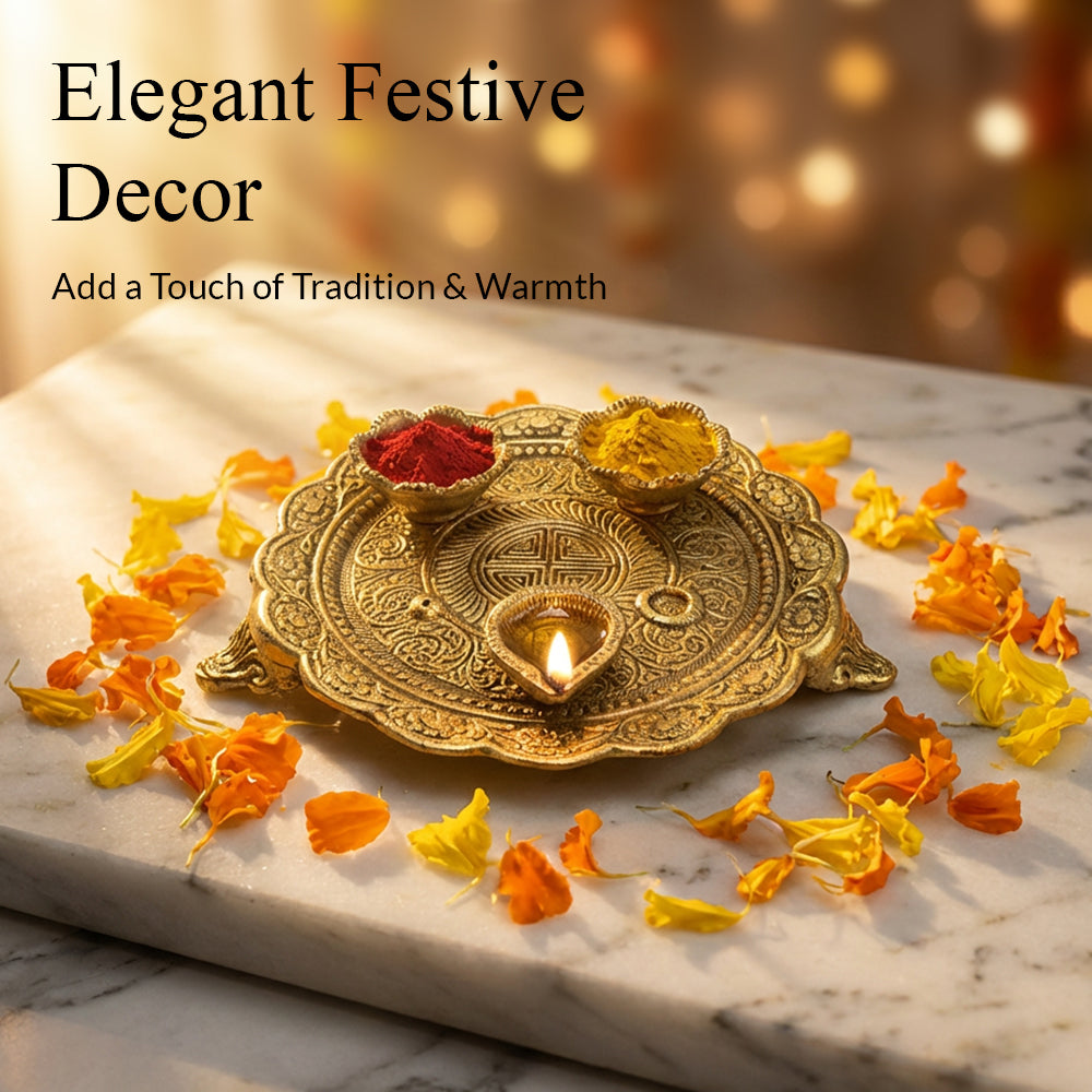 HindCraft Brass Pooja Thali Set for Home Temple Mandir Decor
