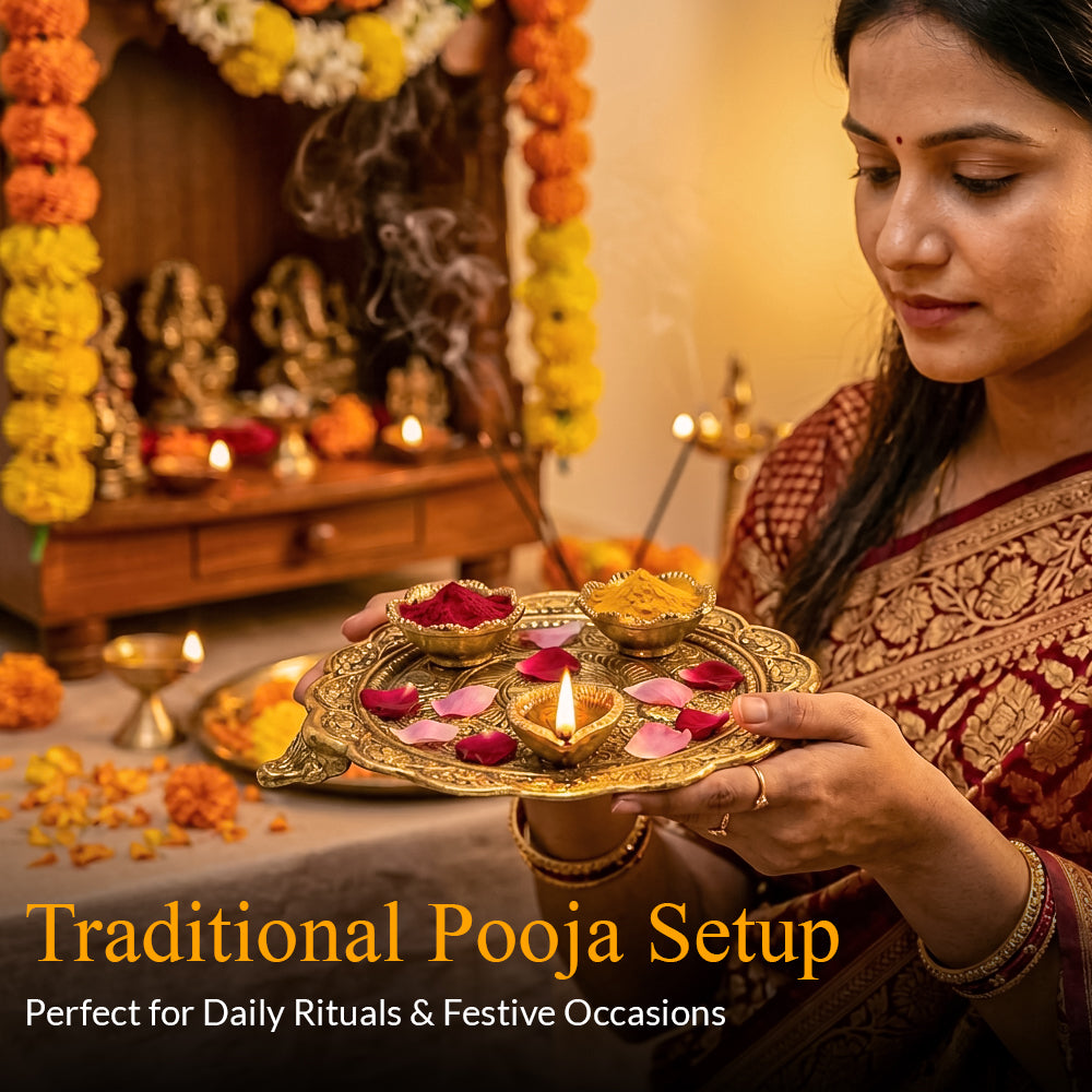 HindCraft Brass Pooja Thali Set for Home Temple Mandir Decor