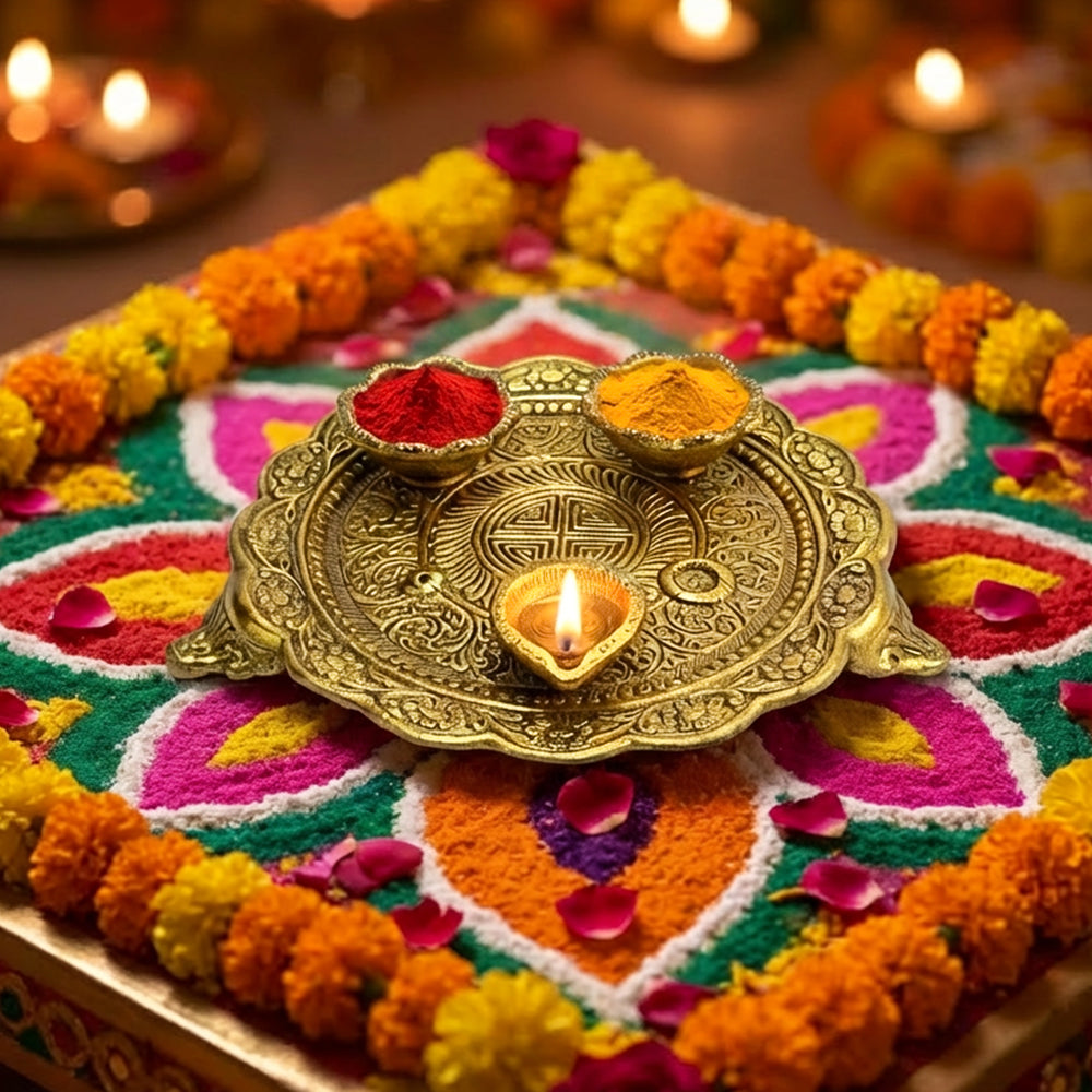 HindCraft Brass Pooja Thali Set for Home Temple Mandir Decor