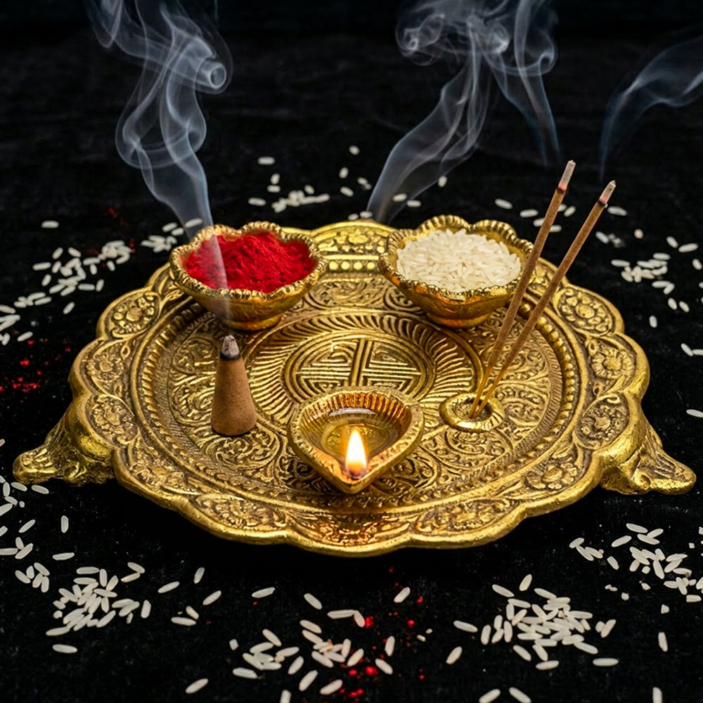 HindCraft Brass Pooja Thali Set for Home Temple Mandir Decor