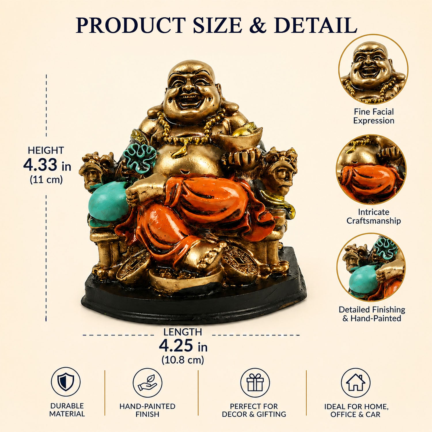 HindCraft Laughing Buddha Sitting on Dragon Throne Showpiece