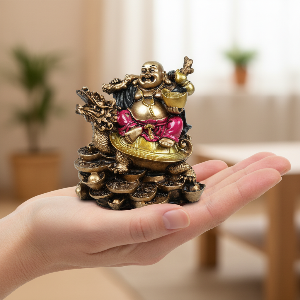 HindCraft Laughing Buddha on Dragon Turtle with Gold Ingots