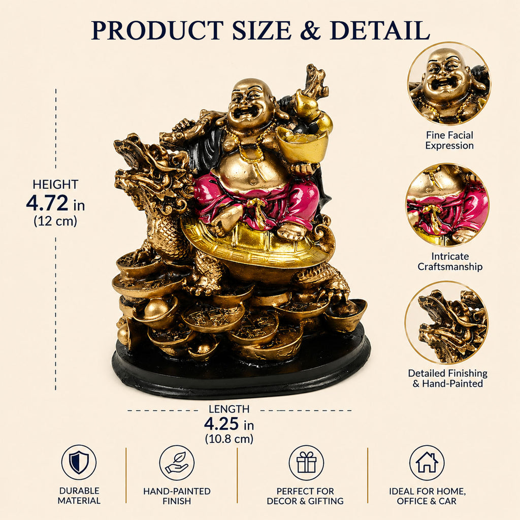 HindCraft Laughing Buddha on Dragon Turtle with Gold Ingots