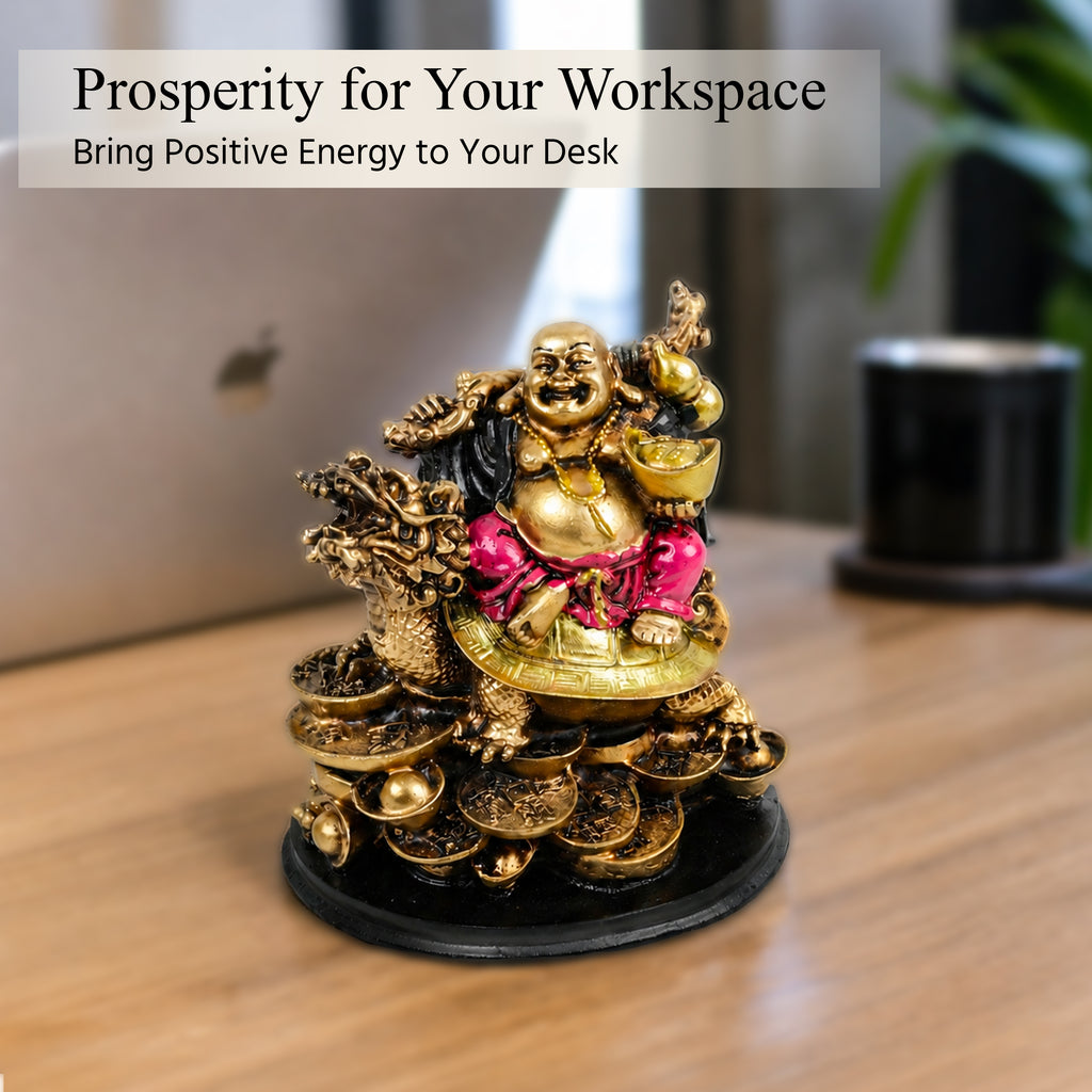 HindCraft Laughing Buddha on Dragon Turtle with Gold Ingots