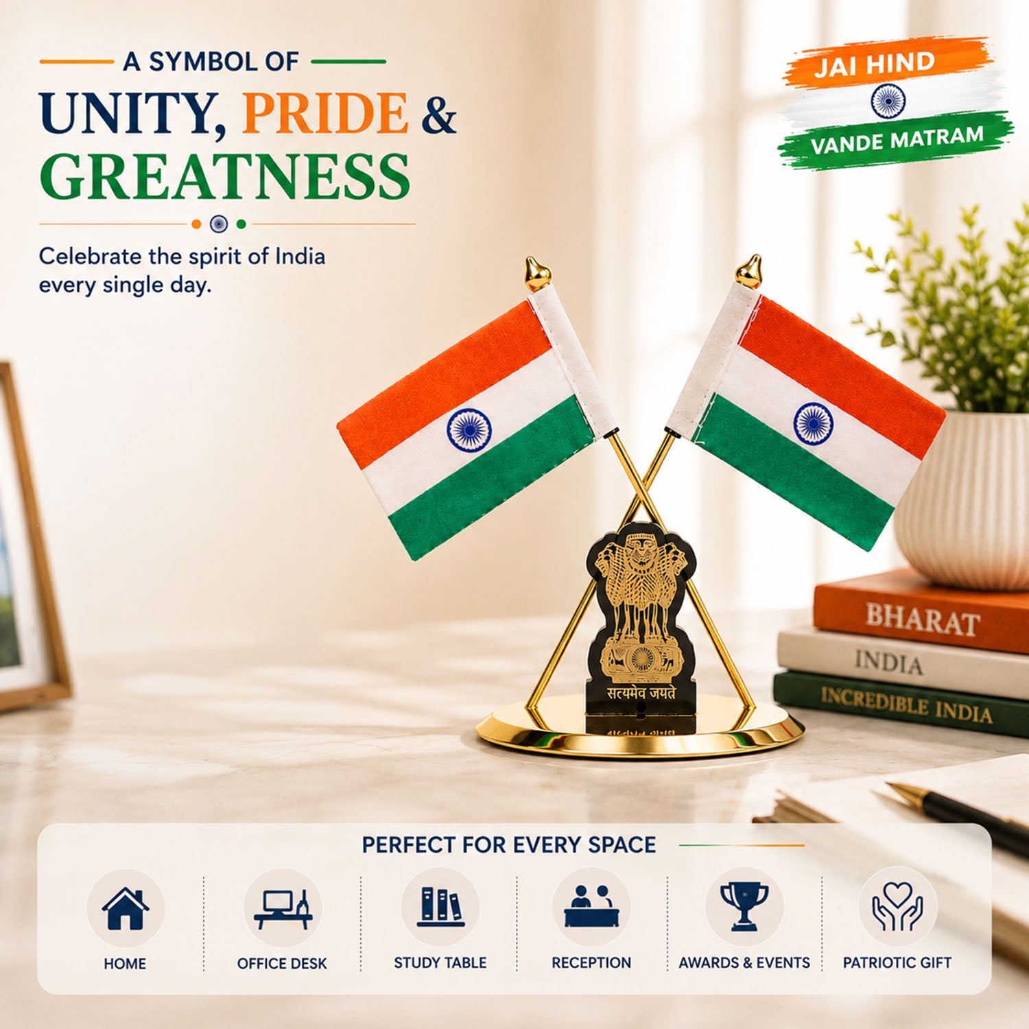 HindCraft Indian Flag Table Stand with Ashoka Pillar for Home & Office