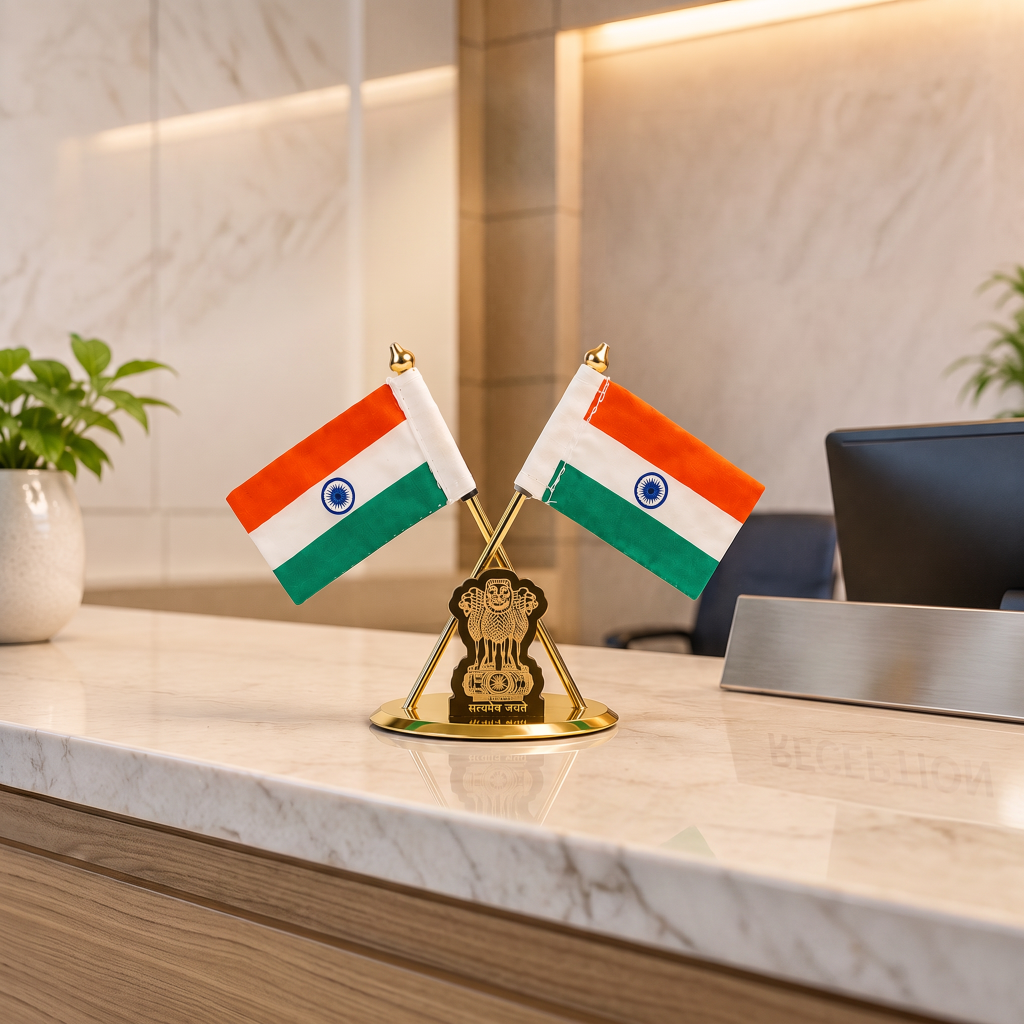 HindCraft Indian Flag Table Stand with Ashoka Pillar for Home & Office