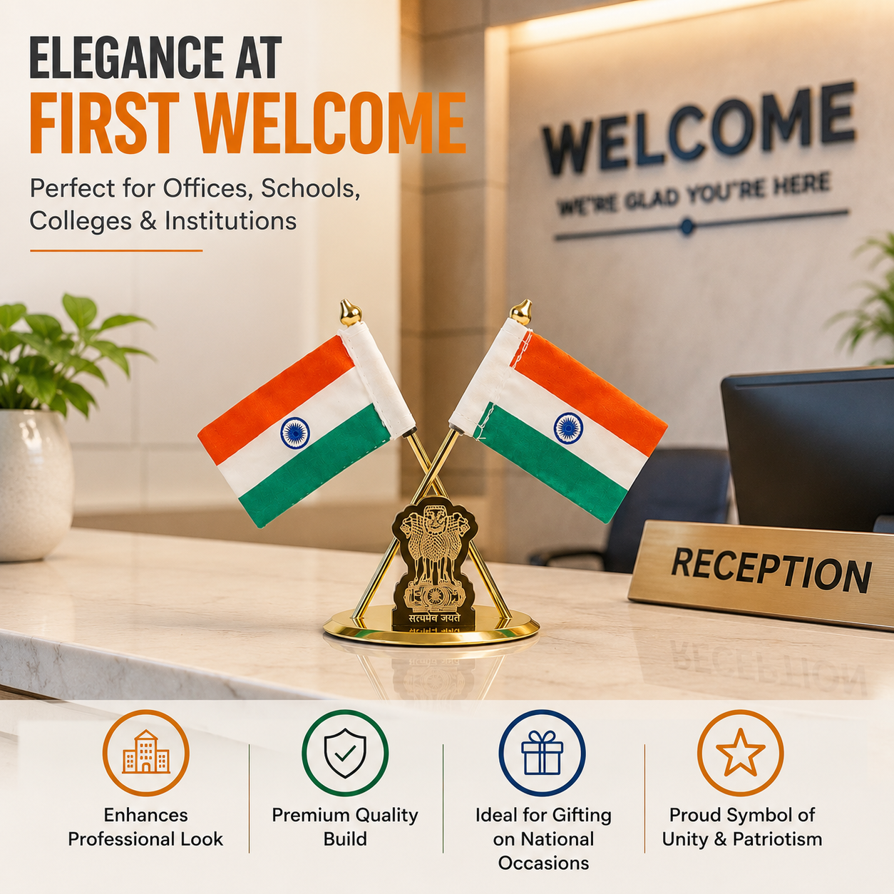 HindCraft Indian Flag Table Stand with Ashoka Pillar for Home & Office