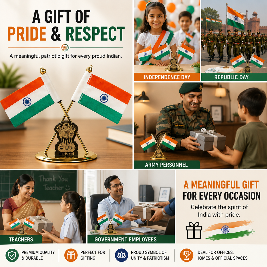 HindCraft Indian Flag Table Stand with Ashoka Pillar for Home & Office