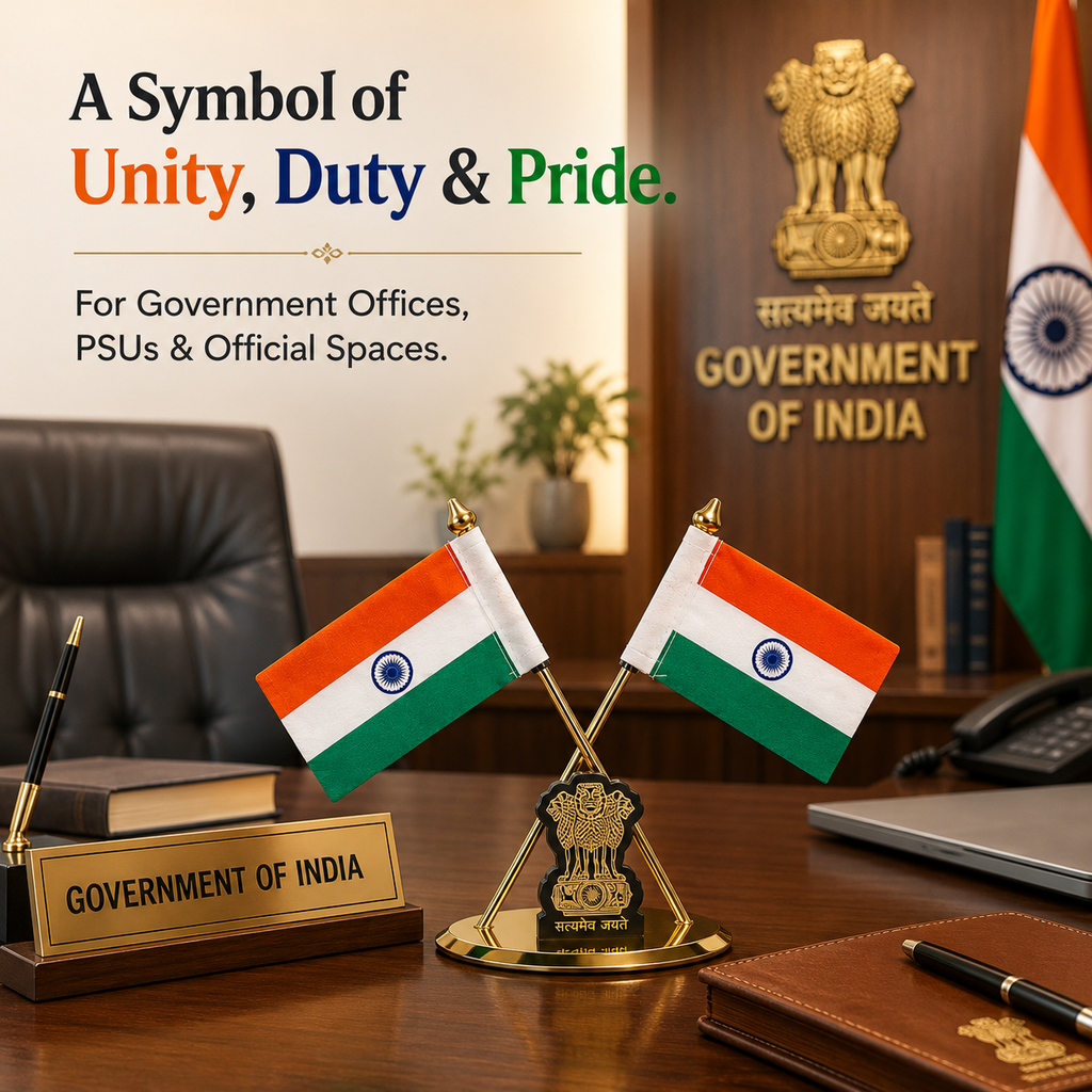 HindCraft Indian Flag Table Stand with Ashoka Pillar for Home & Office