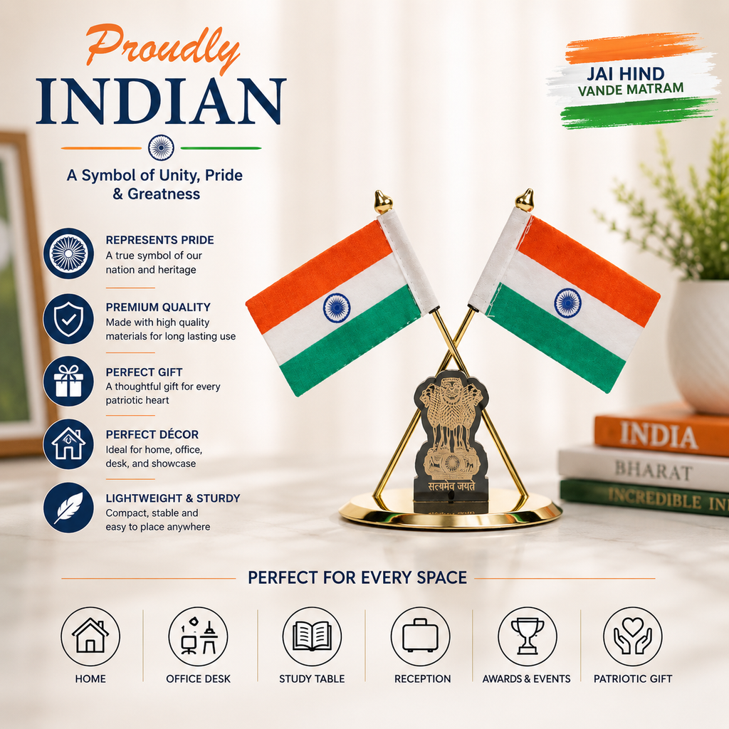 HindCraft Indian Flag Table Stand with Ashoka Pillar for Home & Office