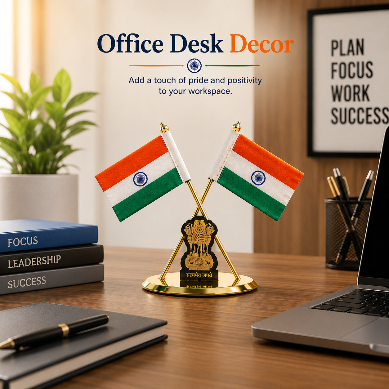 HindCraft Indian Flag Table Stand with Ashoka Pillar for Home & Office