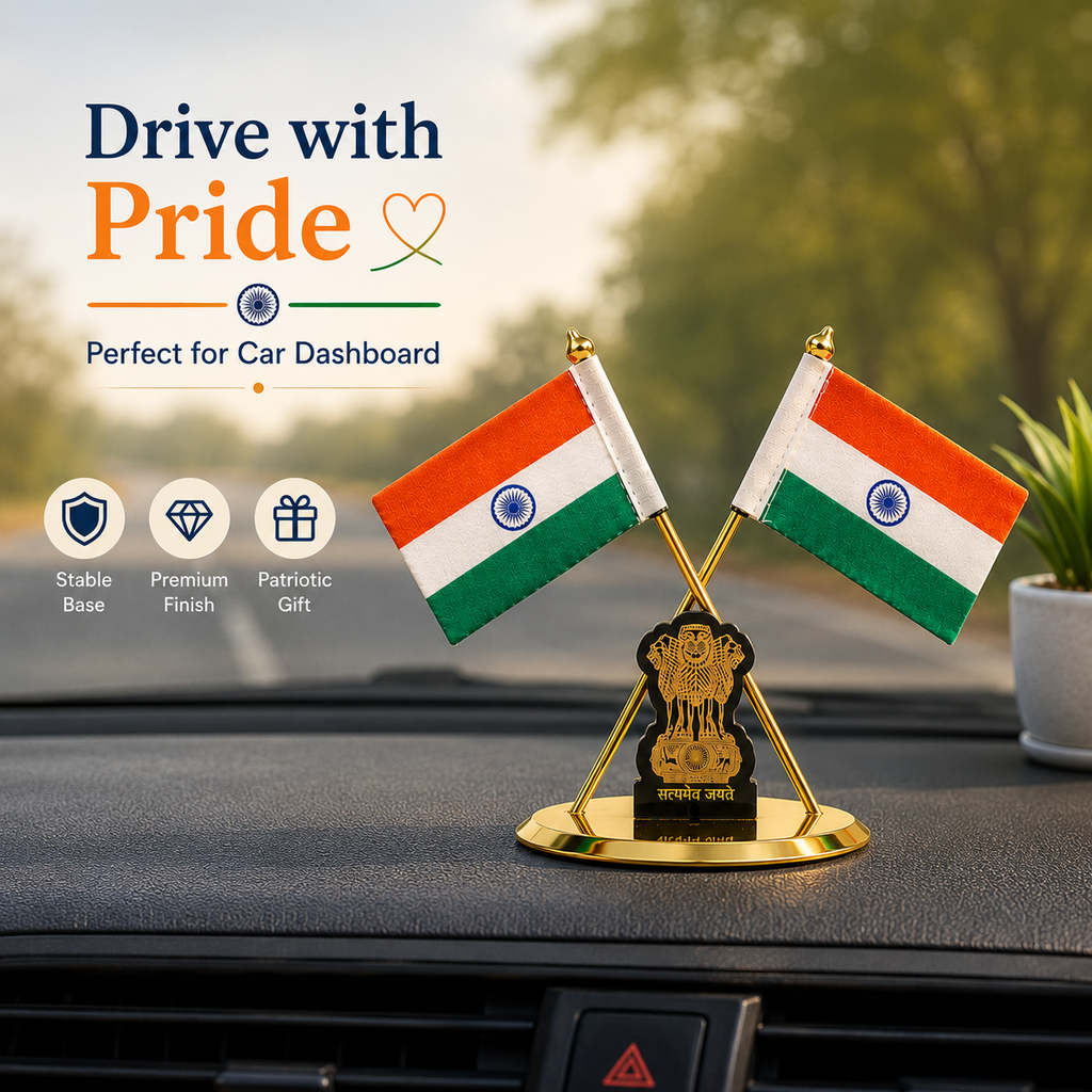 HindCraft Indian Flag Table Stand with Ashoka Pillar for Home & Office