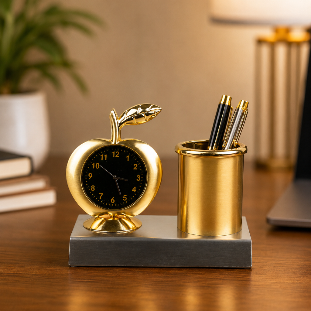 HindCraft Golden Desk Clock with Pen Holder for Office Table Decor