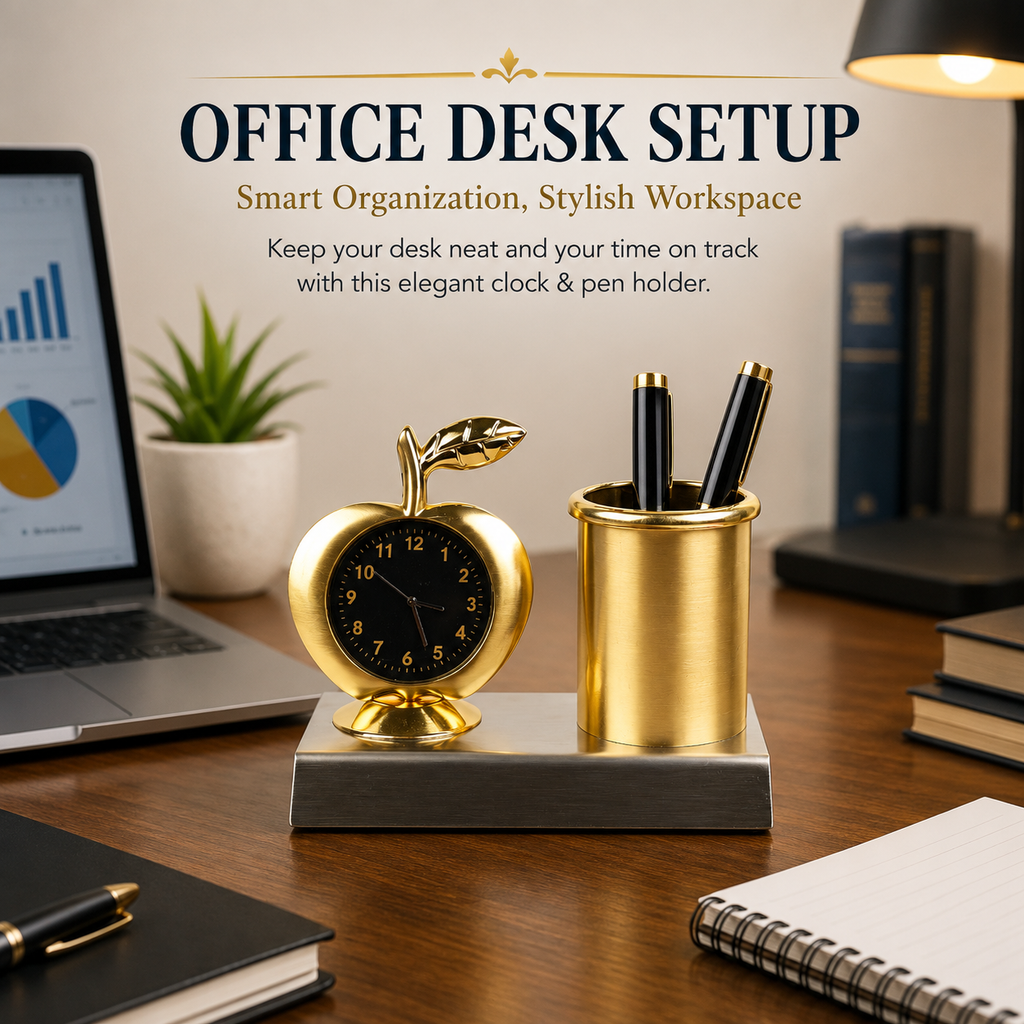 HindCraft Golden Desk Clock with Pen Holder for Office Table Decor