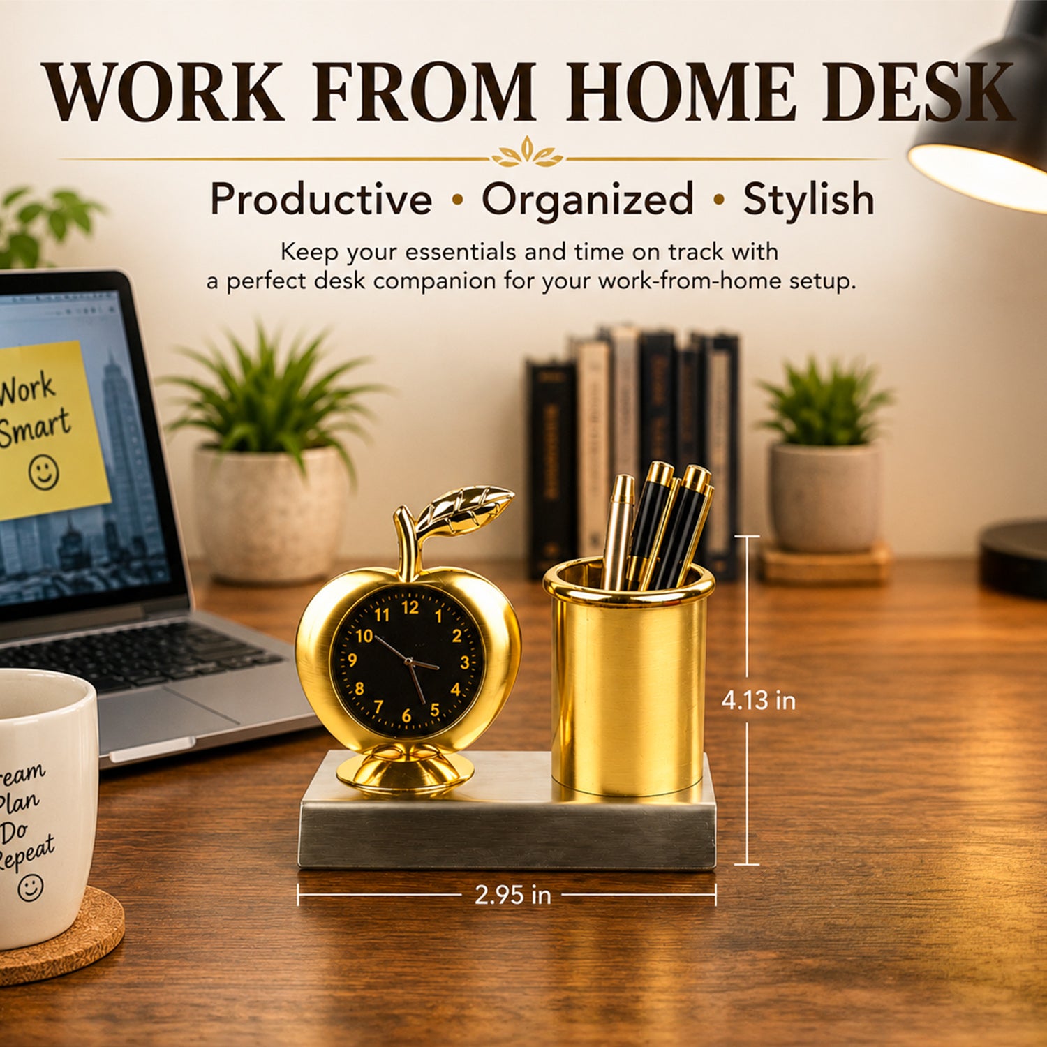 HindCraft Golden Desk Clock with Pen Holder for Office Table Decor