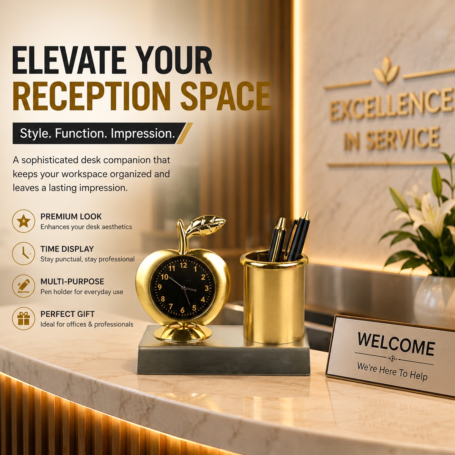 HindCraft Golden Desk Clock with Pen Holder for Office Table Decor