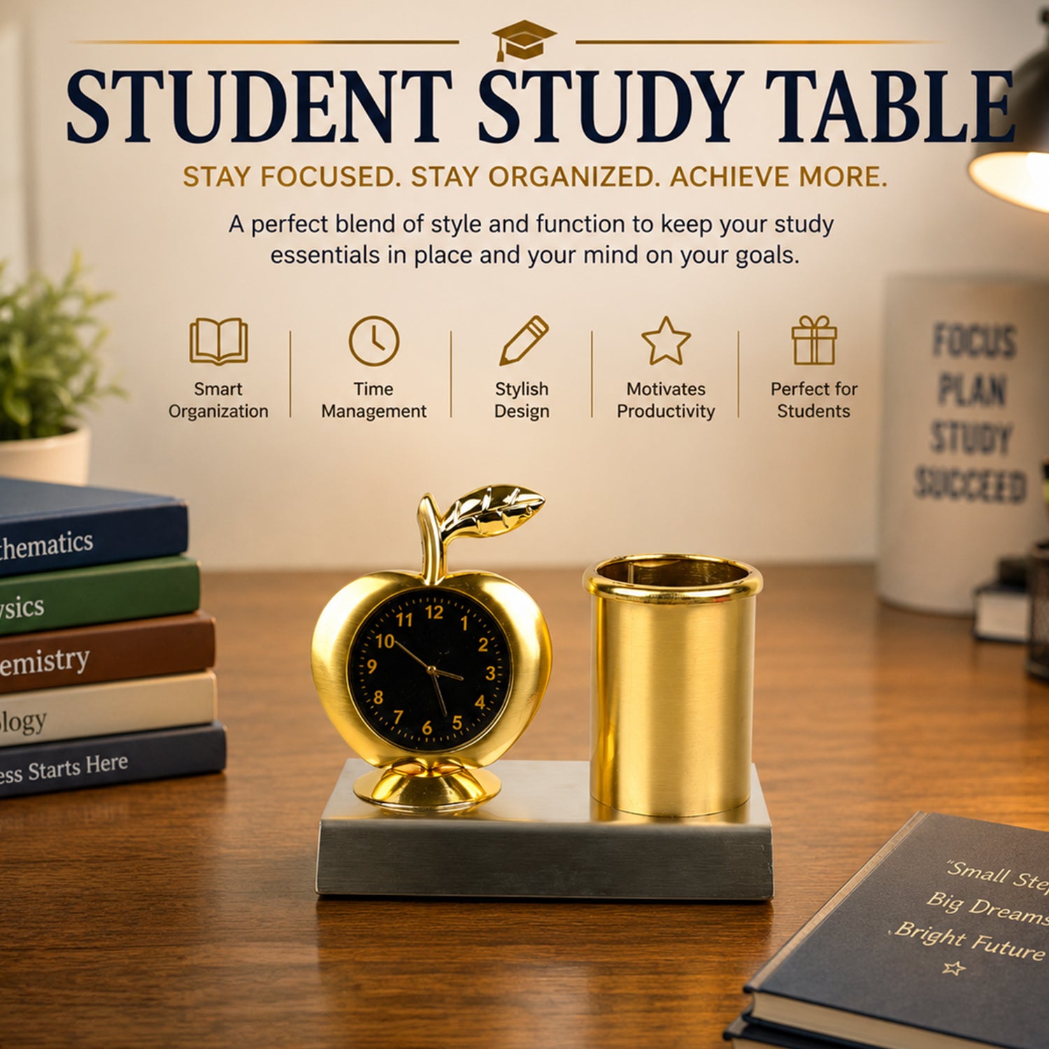 HindCraft Golden Desk Clock with Pen Holder for Office Table Decor