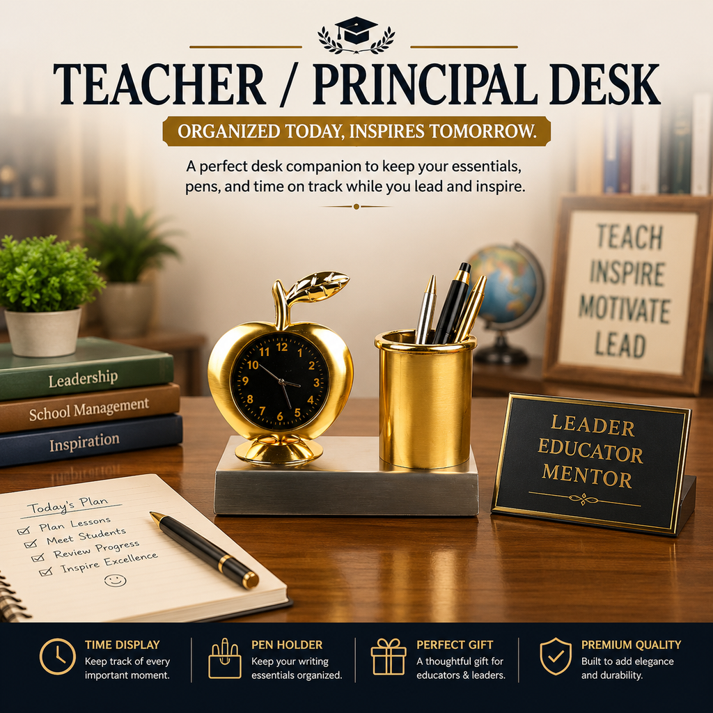HindCraft Golden Desk Clock with Pen Holder for Office Table Decor