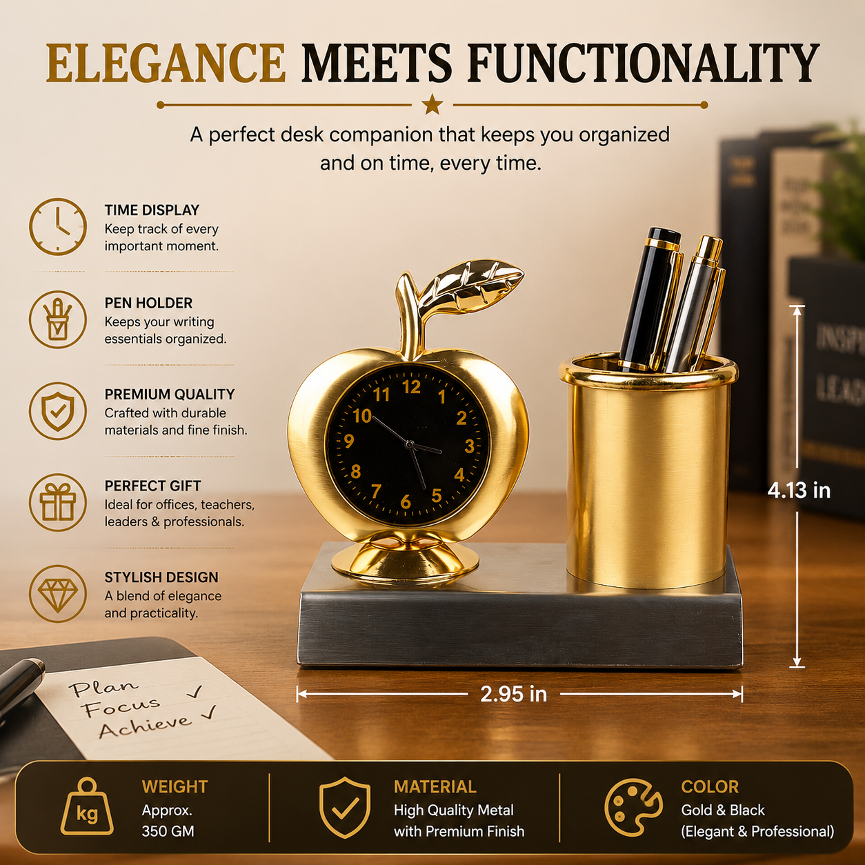 HindCraft Golden Desk Clock with Pen Holder for Office Table Decor