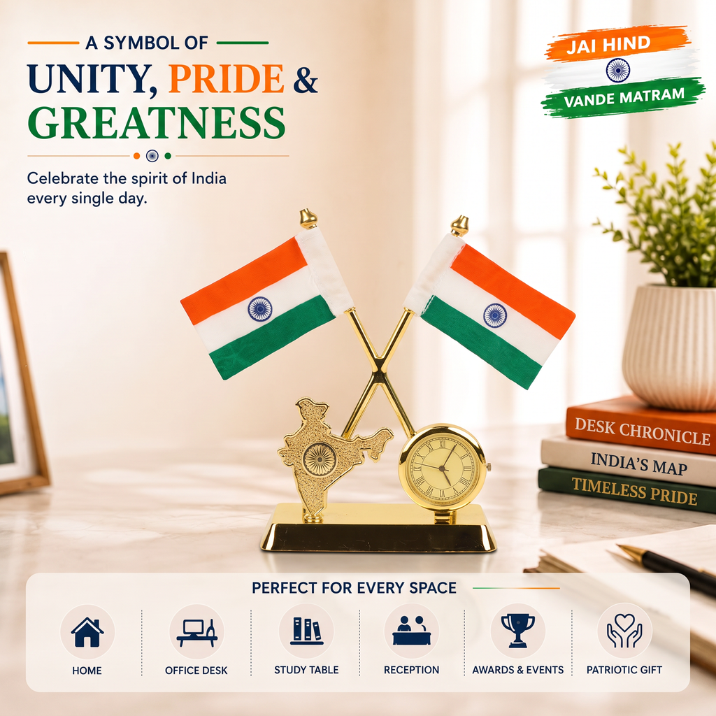HindCraft Indian Flag Desk Clock Showpiece with Dual Flags Decor Gift