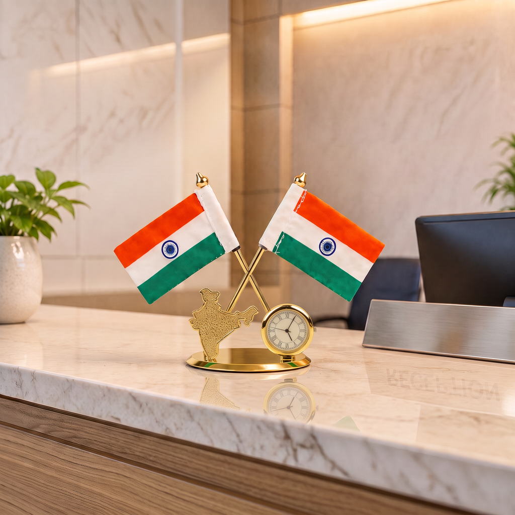 HindCraft Indian Flag Desk Clock Showpiece with Dual Flags Decor Gift