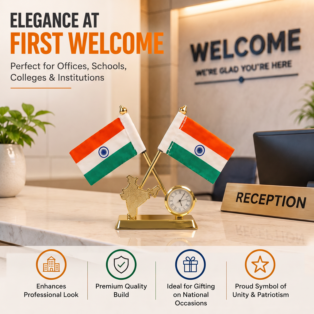 HindCraft Indian Flag Desk Clock Showpiece with Dual Flags Decor Gift