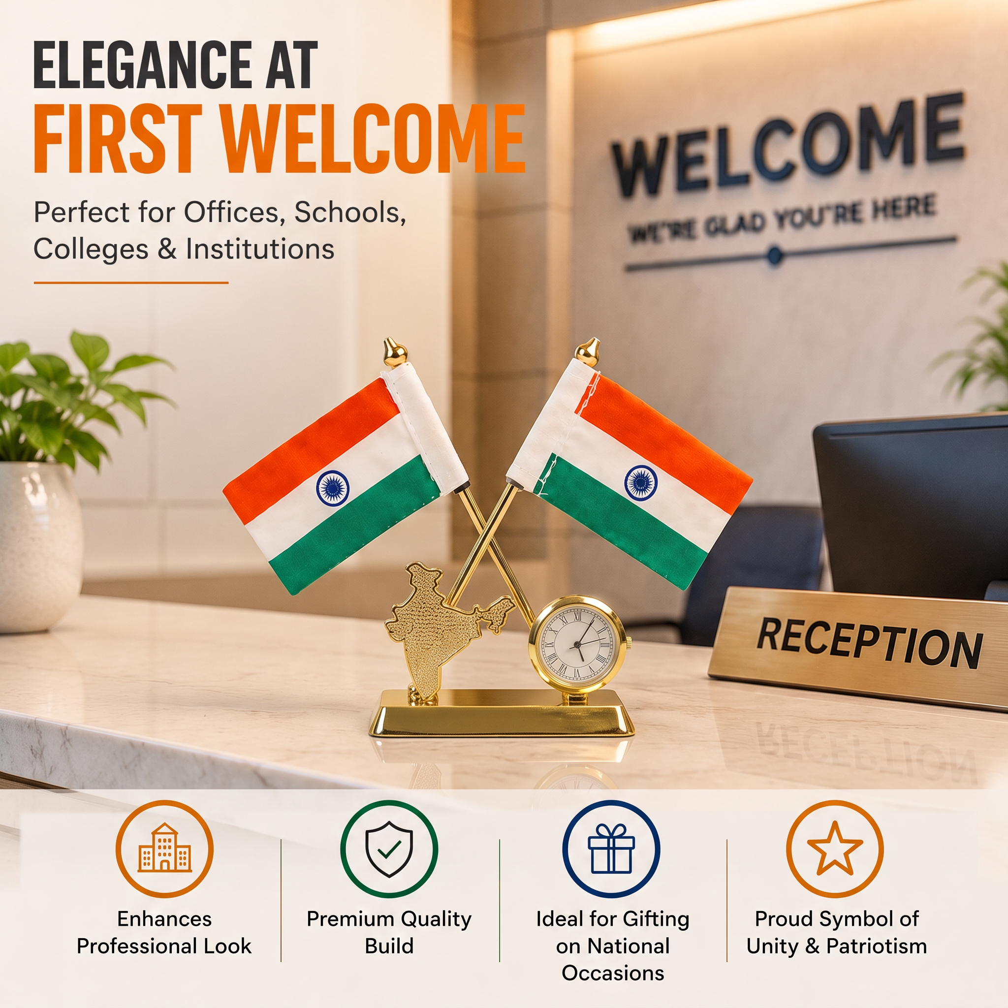 HindCraft Indian Flag Desk Clock Showpiece with Dual Flags Decor Gift